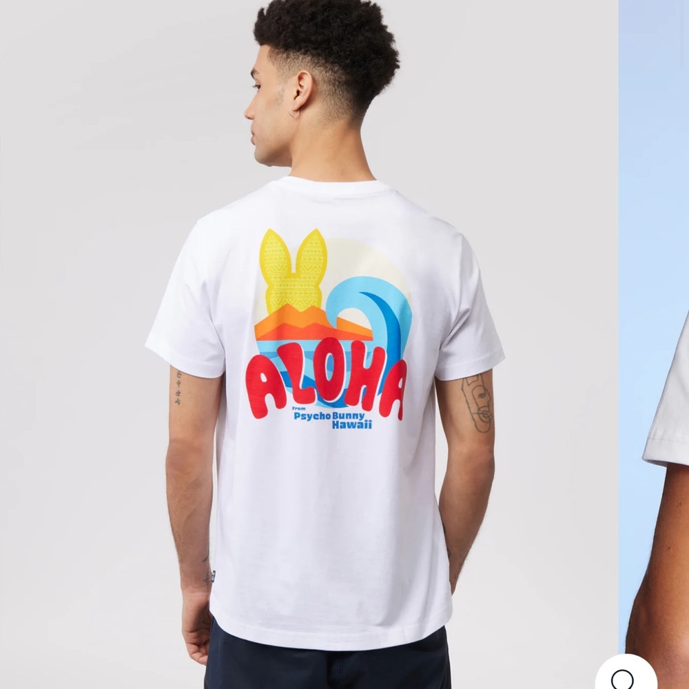 Psycho Bunny White T-Shirt with Vibrant Aloha Graphic size 8